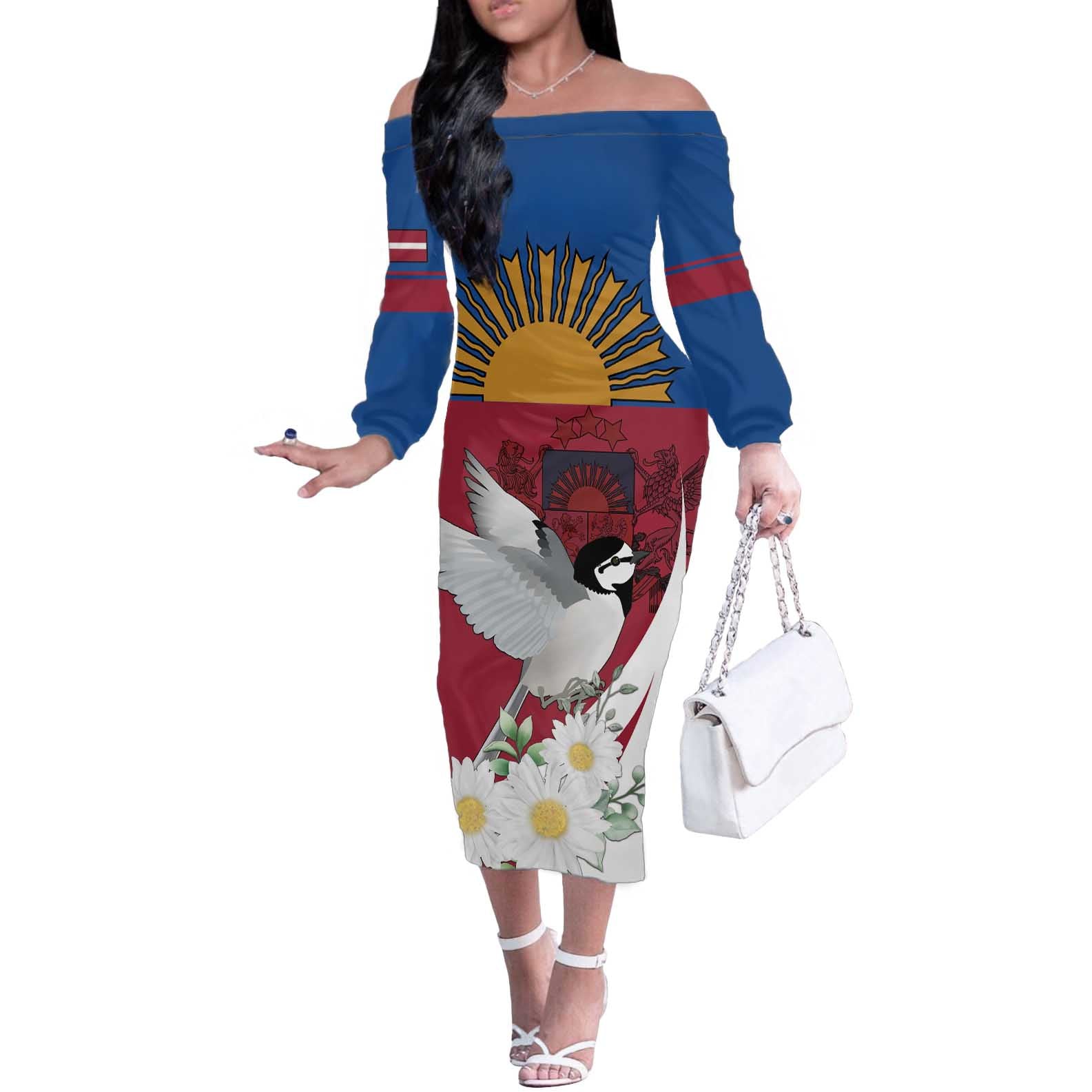 Personalized Latvia Off The Shoulder Long Sleeve Dress White Wagtail Dievs Sveti Latviju