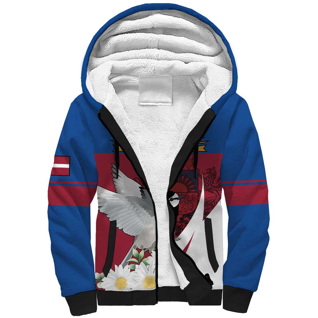 Personalized Latvia Sherpa Hoodie White Wagtail Dievs Sveti Latviju