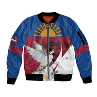 Personalized Latvia Sleeve Zip Bomber Jacket White Wagtail Dievs Sveti Latviju