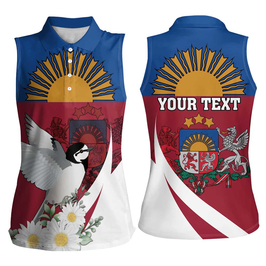 Personalized Latvia Women Sleeveless Polo Shirt White Wagtail Dievs Sveti Latviju