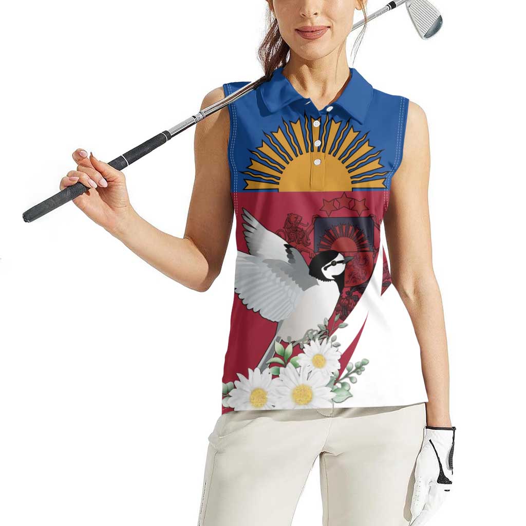 Personalized Latvia Women Sleeveless Polo Shirt White Wagtail Dievs Sveti Latviju