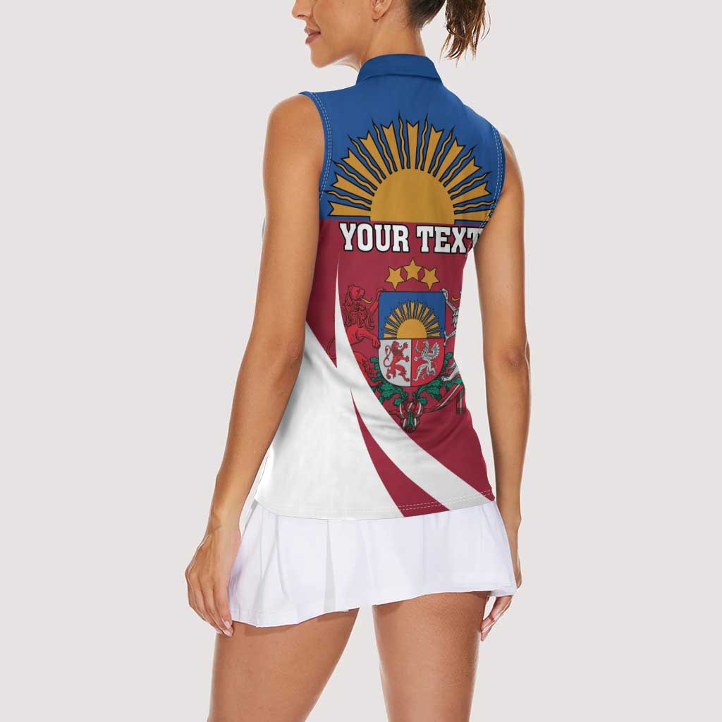 Personalized Latvia Women Sleeveless Polo Shirt White Wagtail Dievs Sveti Latviju