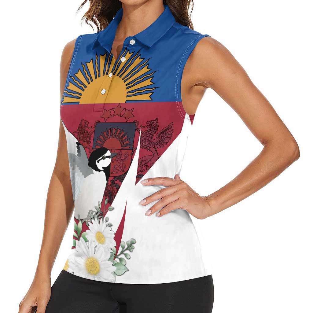 Personalized Latvia Women Sleeveless Polo Shirt White Wagtail Dievs Sveti Latviju
