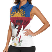 Personalized Latvia Women Sleeveless Polo Shirt White Wagtail Dievs Sveti Latviju