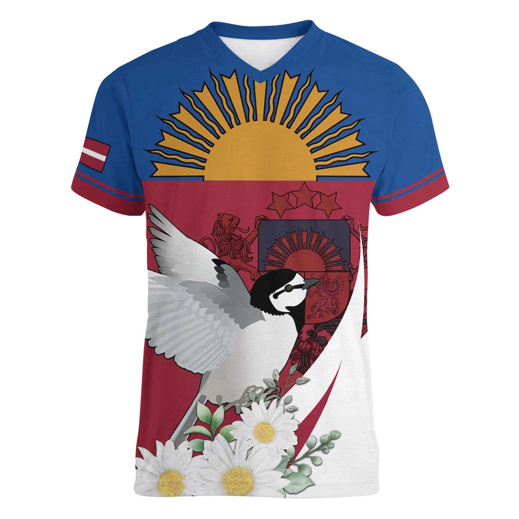 Personalized Latvia Women V-Neck T-Shirt White Wagtail Dievs Sveti Latviju
