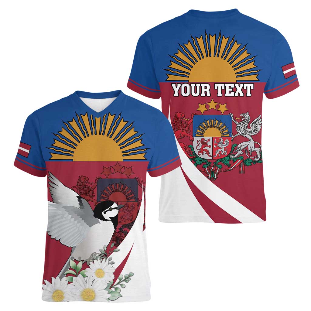 Personalized Latvia Women V-Neck T-Shirt White Wagtail Dievs Sveti Latviju