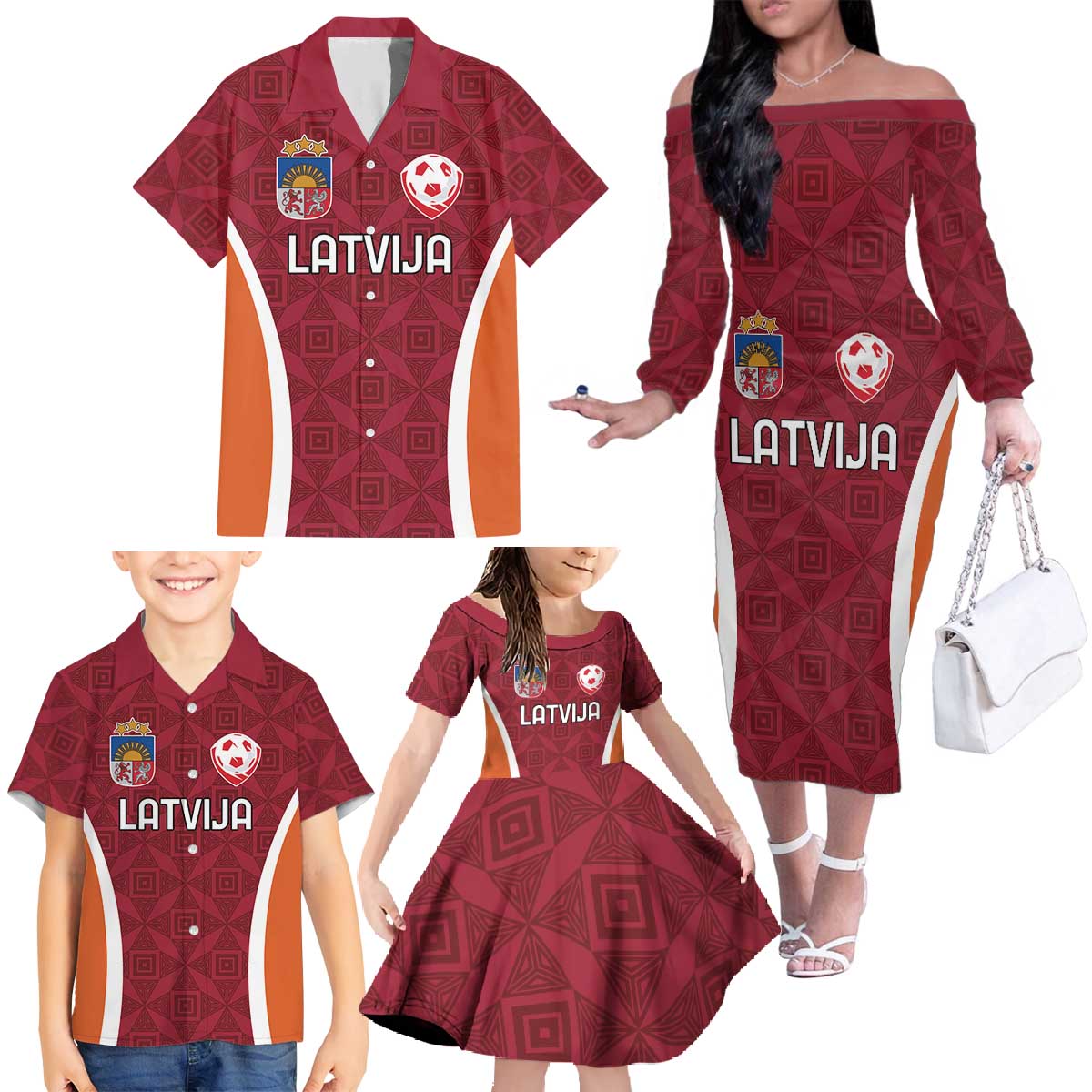 Custom Latvia Football Family Matching Off The Shoulder Long Sleeve Dress and Hawaiian Shirt Latvijas Futbola Izlase