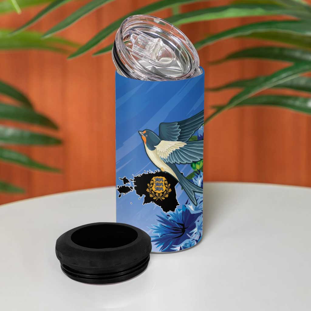Personalized Estonia 4 in 1 Can Cooler Tumbler Barn Swallow Cornflower Flower