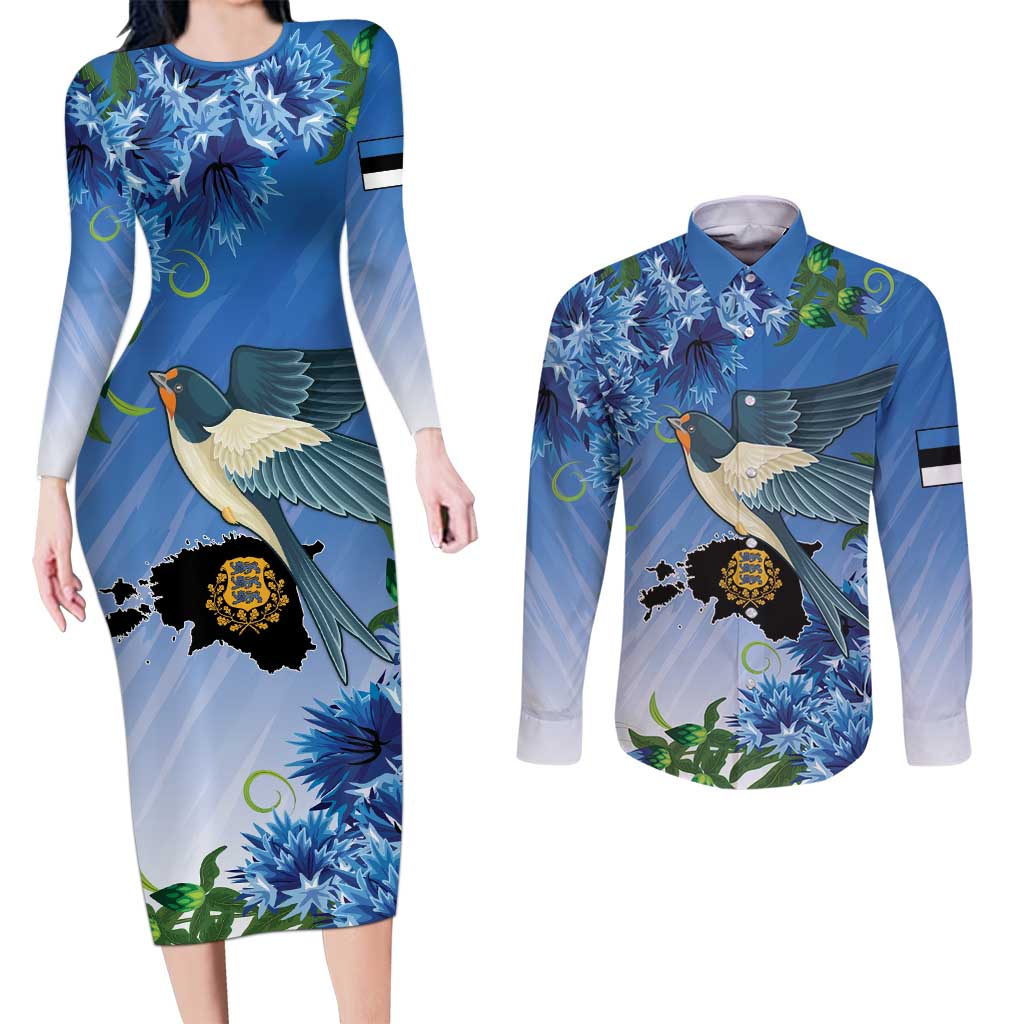 Personalized Estonia Couples Matching Long Sleeve Bodycon Dress and Long Sleeve Button Shirt Barn Swallow Cornflower Flower