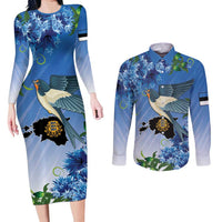 Personalized Estonia Couples Matching Long Sleeve Bodycon Dress and Long Sleeve Button Shirt Barn Swallow Cornflower Flower