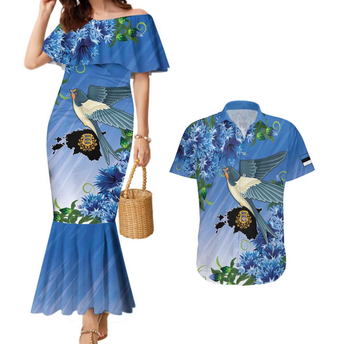Personalized Estonia Couples Matching Mermaid Dress and Hawaiian Shirt Barn Swallow Cornflower Flower