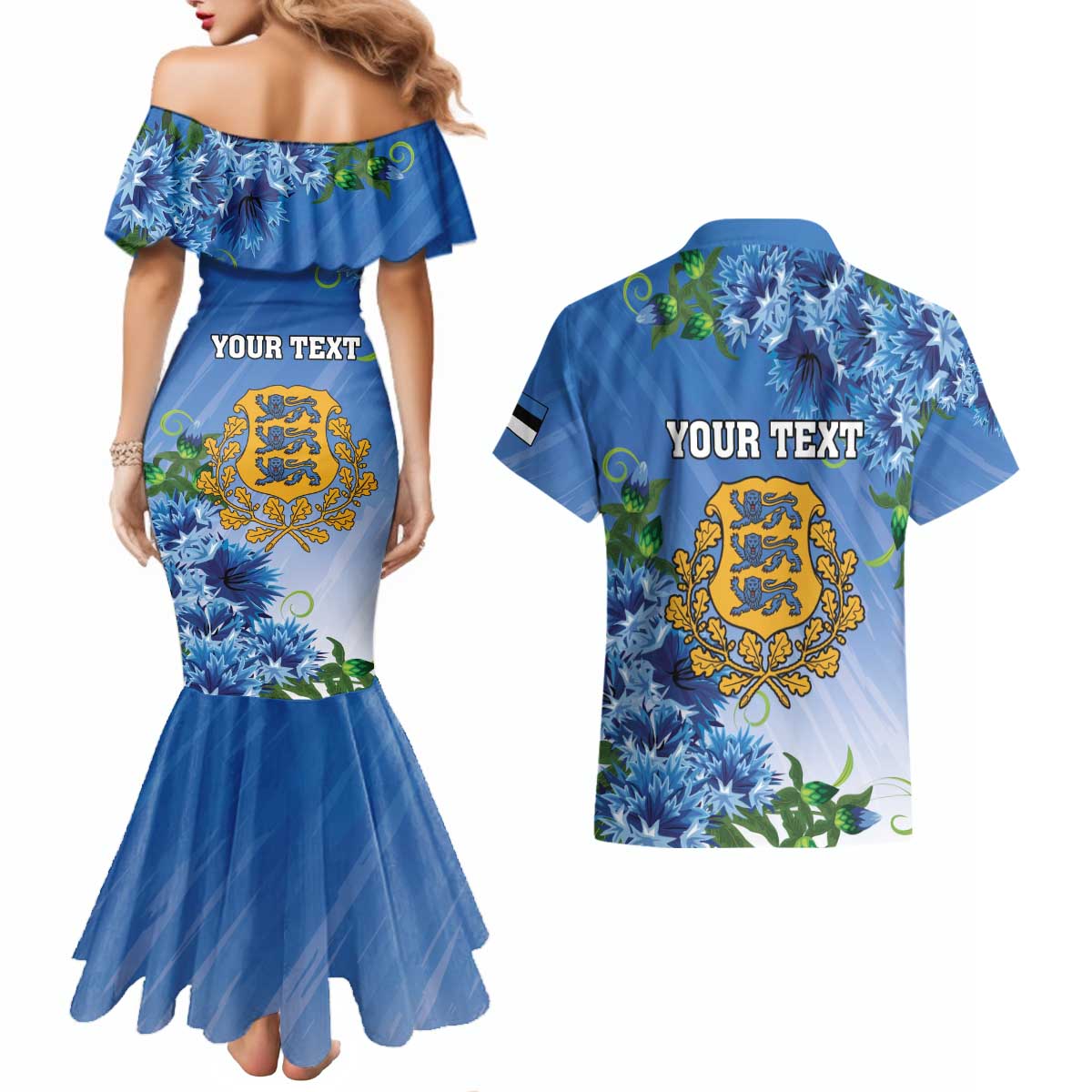 Personalized Estonia Couples Matching Mermaid Dress and Hawaiian Shirt Barn Swallow Cornflower Flower
