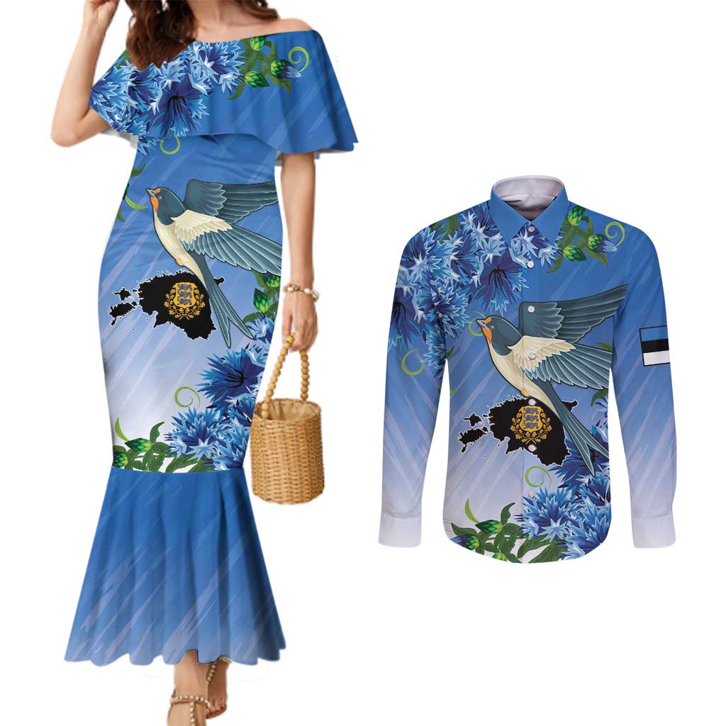 Personalized Estonia Couples Matching Mermaid Dress and Long Sleeve Button Shirt Barn Swallow Cornflower Flower