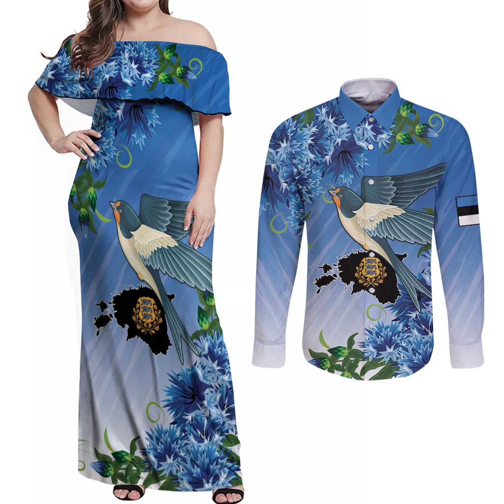 Personalized Estonia Couples Matching Off Shoulder Maxi Dress and Long Sleeve Button Shirt Barn Swallow Cornflower Flower