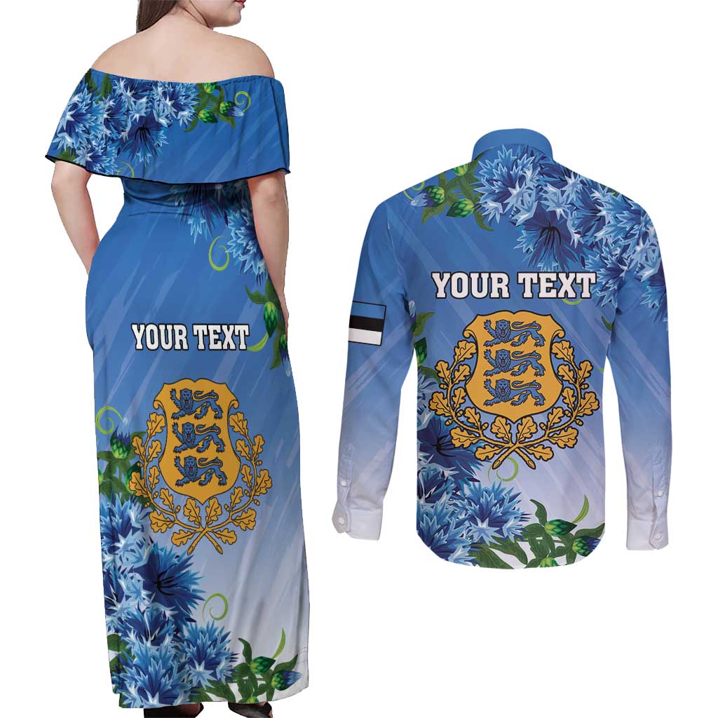 Personalized Estonia Couples Matching Off Shoulder Maxi Dress and Long Sleeve Button Shirt Barn Swallow Cornflower Flower