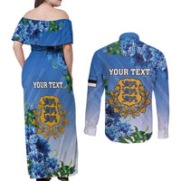 Personalized Estonia Couples Matching Off Shoulder Maxi Dress and Long Sleeve Button Shirt Barn Swallow Cornflower Flower