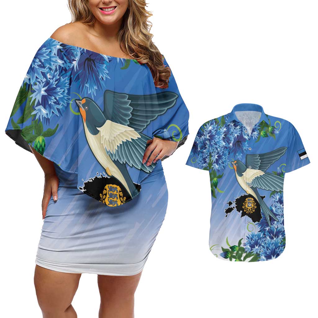 Personalized Estonia Couples Matching Off Shoulder Short Dress and Hawaiian Shirt Barn Swallow Cornflower Flower