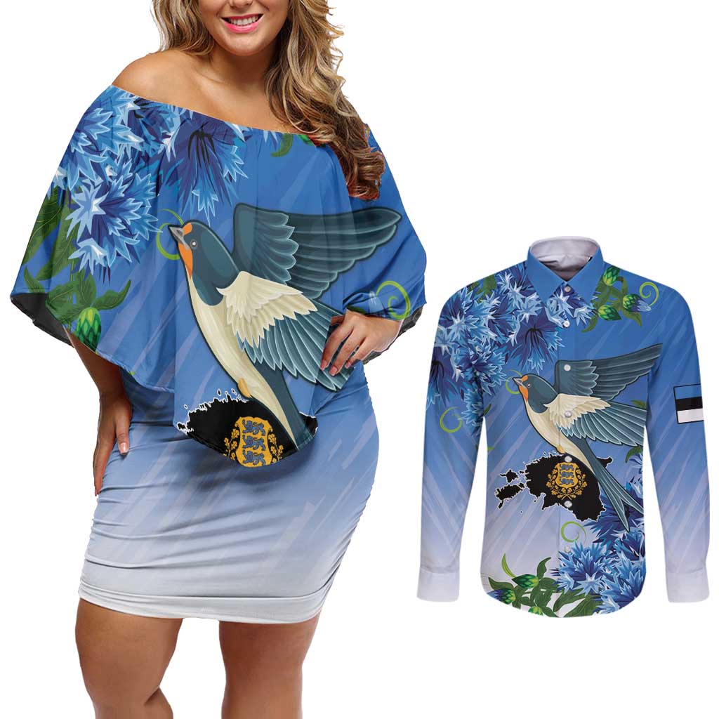 Personalized Estonia Couples Matching Off Shoulder Short Dress and Long Sleeve Button Shirt Barn Swallow Cornflower Flower