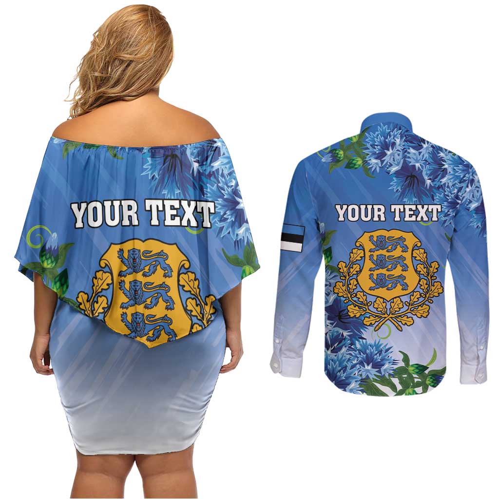 Personalized Estonia Couples Matching Off Shoulder Short Dress and Long Sleeve Button Shirt Barn Swallow Cornflower Flower