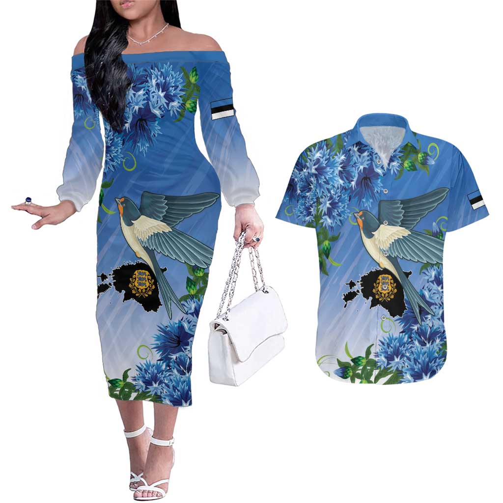 Personalized Estonia Couples Matching Off The Shoulder Long Sleeve Dress and Hawaiian Shirt Barn Swallow Cornflower Flower
