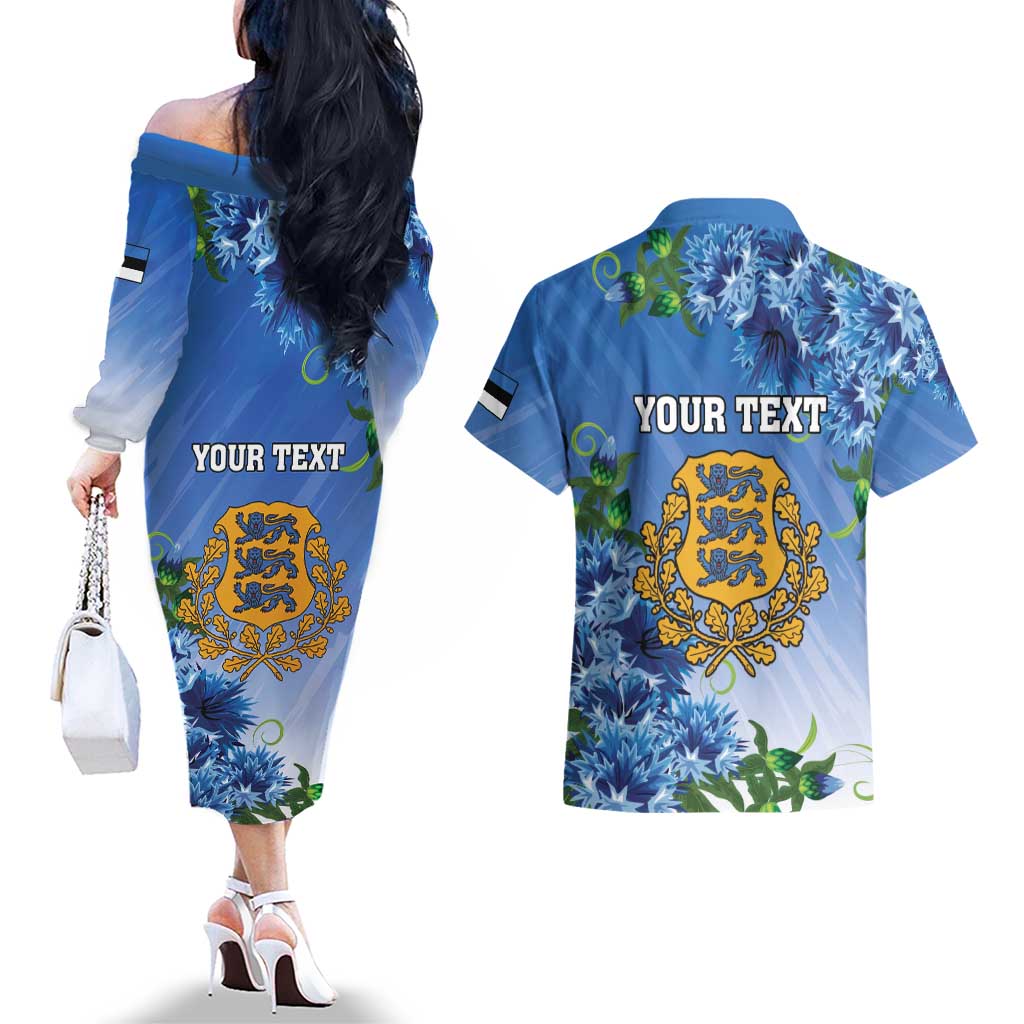 Personalized Estonia Couples Matching Off The Shoulder Long Sleeve Dress and Hawaiian Shirt Barn Swallow Cornflower Flower
