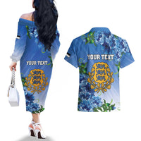 Personalized Estonia Couples Matching Off The Shoulder Long Sleeve Dress and Hawaiian Shirt Barn Swallow Cornflower Flower