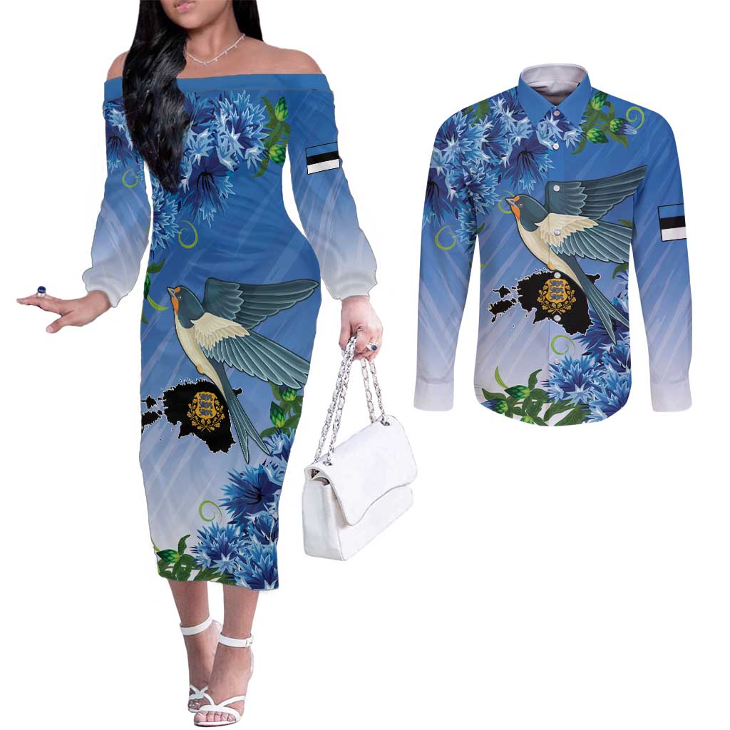 Personalized Estonia Couples Matching Off The Shoulder Long Sleeve Dress and Long Sleeve Button Shirt Barn Swallow Cornflower Flower