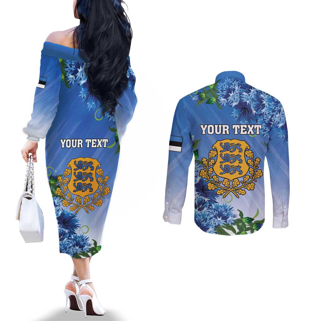 Personalized Estonia Couples Matching Off The Shoulder Long Sleeve Dress and Long Sleeve Button Shirt Barn Swallow Cornflower Flower