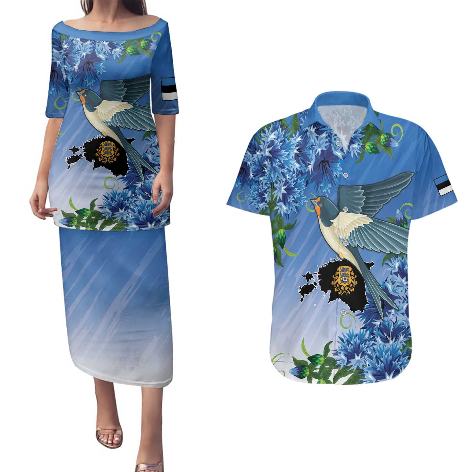 Personalized Estonia Couples Matching Puletasi and Hawaiian Shirt Barn Swallow Cornflower Flower