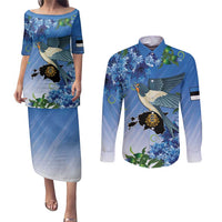 Personalized Estonia Couples Matching Puletasi and Long Sleeve Button Shirt Barn Swallow Cornflower Flower