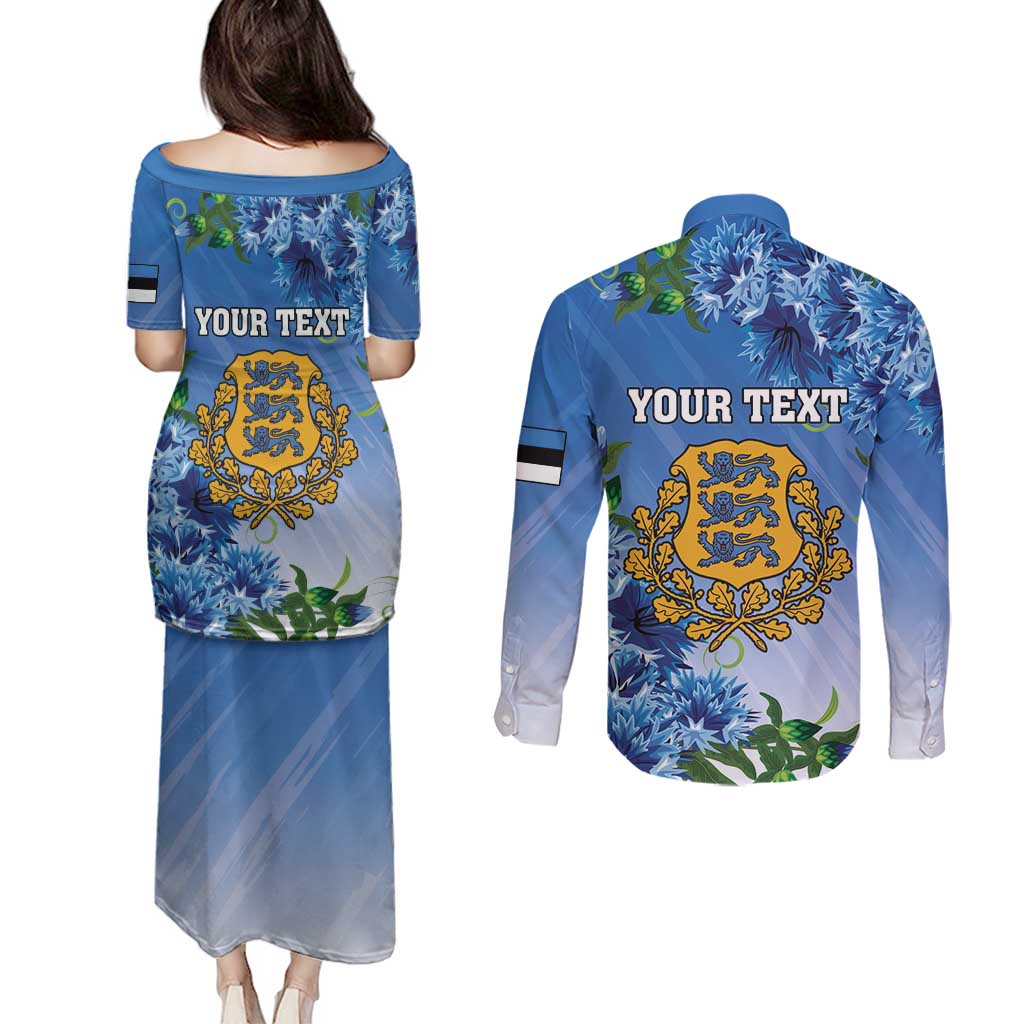 Personalized Estonia Couples Matching Puletasi and Long Sleeve Button Shirt Barn Swallow Cornflower Flower