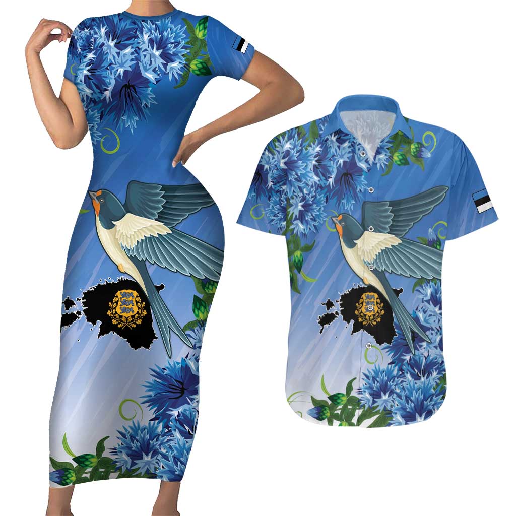 Personalized Estonia Couples Matching Short Sleeve Bodycon Dress and Hawaiian Shirt Barn Swallow Cornflower Flower