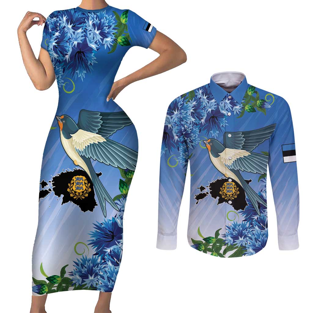 Personalized Estonia Couples Matching Short Sleeve Bodycon Dress and Long Sleeve Button Shirt Barn Swallow Cornflower Flower