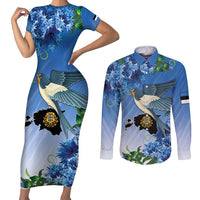 Personalized Estonia Couples Matching Short Sleeve Bodycon Dress and Long Sleeve Button Shirt Barn Swallow Cornflower Flower