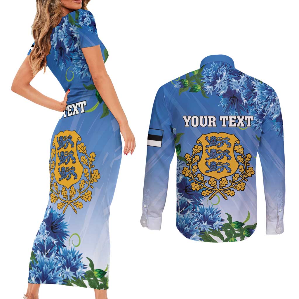 Personalized Estonia Couples Matching Short Sleeve Bodycon Dress and Long Sleeve Button Shirt Barn Swallow Cornflower Flower