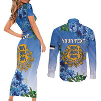 Personalized Estonia Couples Matching Short Sleeve Bodycon Dress and Long Sleeve Button Shirt Barn Swallow Cornflower Flower