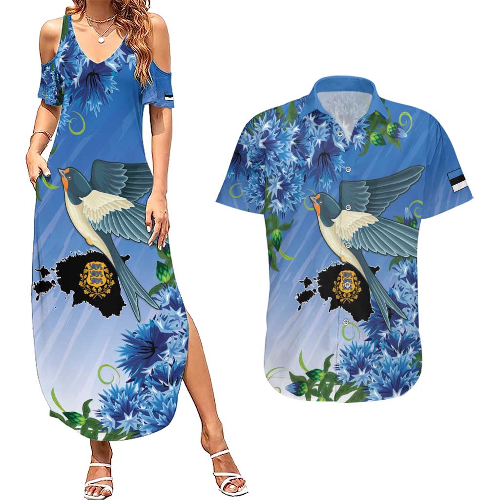 Personalized Estonia Couples Matching Summer Maxi Dress and Hawaiian Shirt Barn Swallow Cornflower Flower