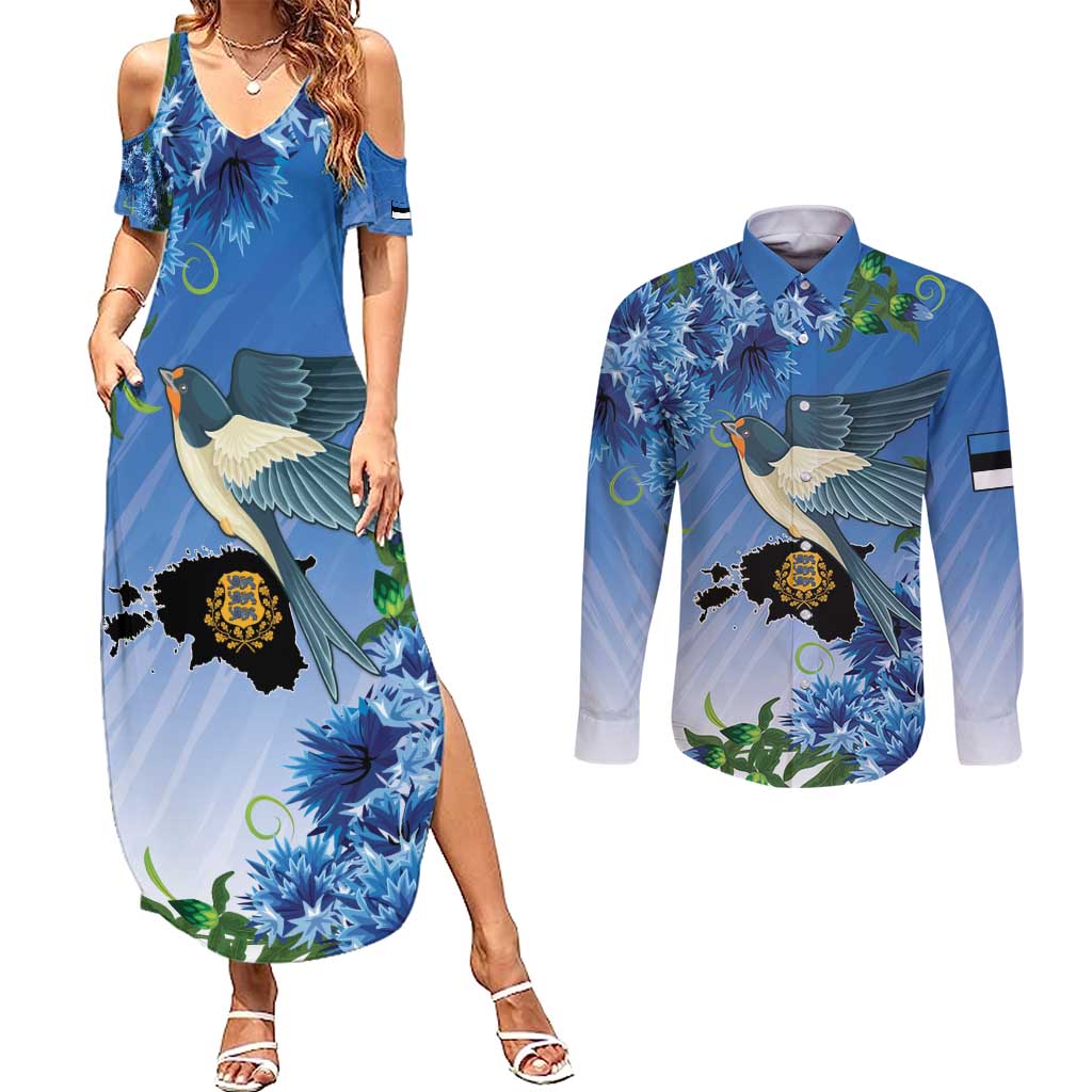 Personalized Estonia Couples Matching Summer Maxi Dress and Long Sleeve Button Shirt Barn Swallow Cornflower Flower