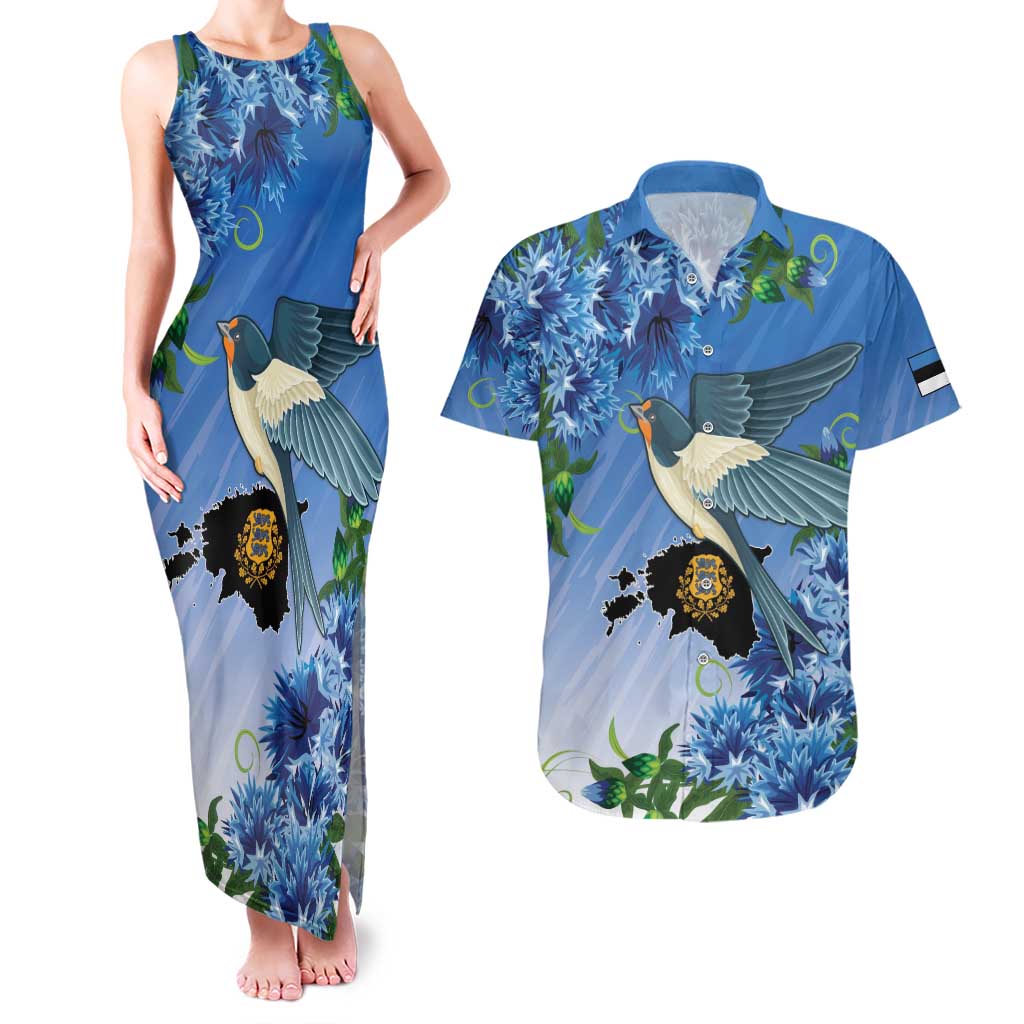 Personalized Estonia Couples Matching Tank Maxi Dress and Hawaiian Shirt Barn Swallow Cornflower Flower