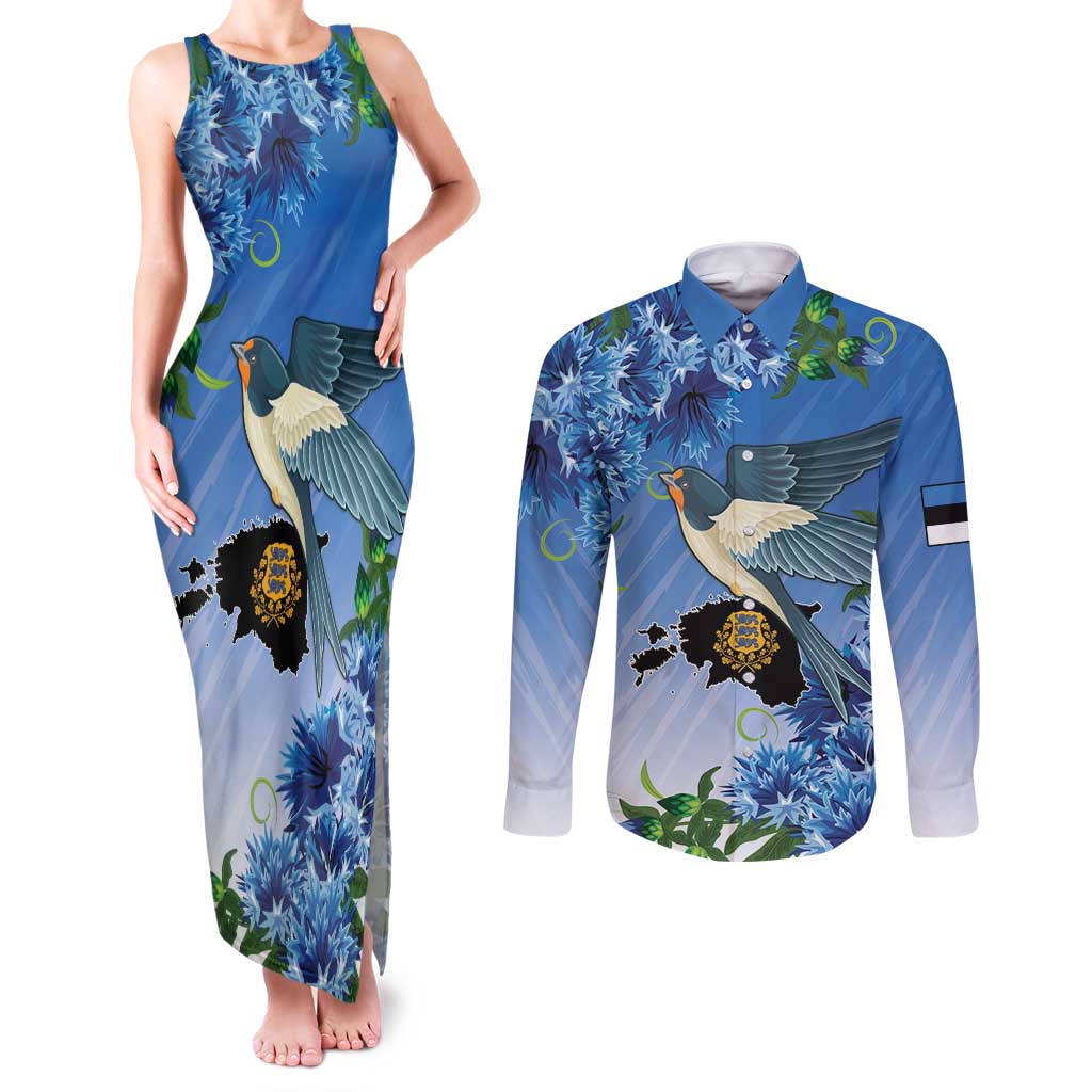 Personalized Estonia Couples Matching Tank Maxi Dress and Long Sleeve Button Shirt Barn Swallow Cornflower Flower