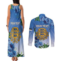 Personalized Estonia Couples Matching Tank Maxi Dress and Long Sleeve Button Shirt Barn Swallow Cornflower Flower