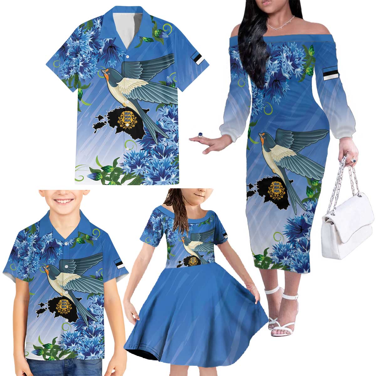 Personalized Estonia Family Matching Off The Shoulder Long Sleeve Dress and Hawaiian Shirt Barn Swallow Cornflower Flower
