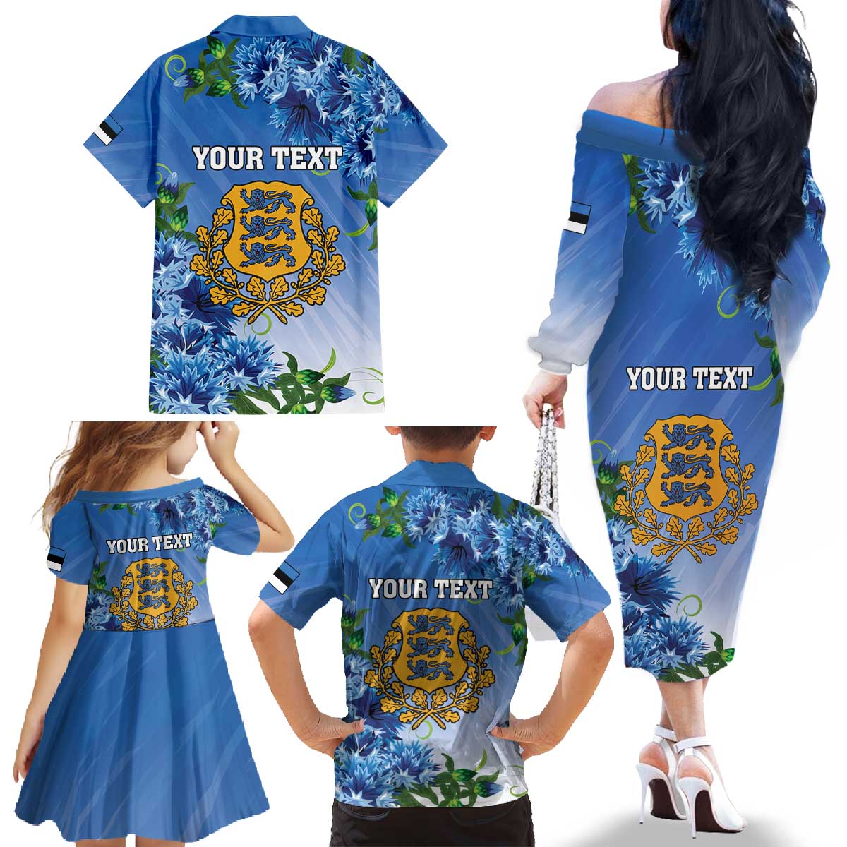 Personalized Estonia Family Matching Off The Shoulder Long Sleeve Dress and Hawaiian Shirt Barn Swallow Cornflower Flower