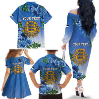 Personalized Estonia Family Matching Off The Shoulder Long Sleeve Dress and Hawaiian Shirt Barn Swallow Cornflower Flower