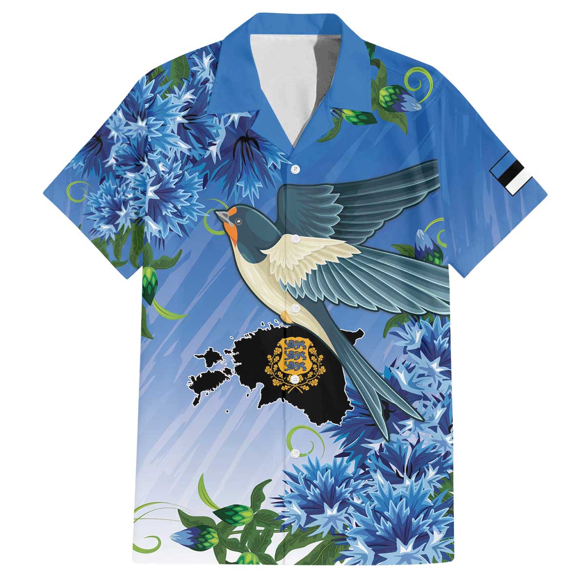 Personalized Estonia Family Matching Off The Shoulder Long Sleeve Dress and Hawaiian Shirt Barn Swallow Cornflower Flower