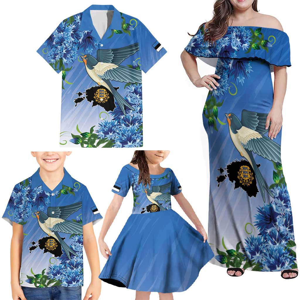 Personalized Estonia Family Matching Off Shoulder Maxi Dress and Hawaiian Shirt Barn Swallow Cornflower Flower