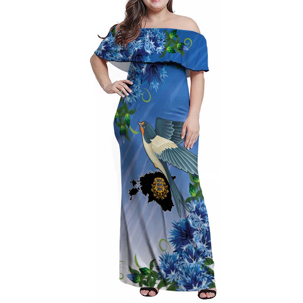 Personalized Estonia Family Matching Off Shoulder Maxi Dress and Hawaiian Shirt Barn Swallow Cornflower Flower