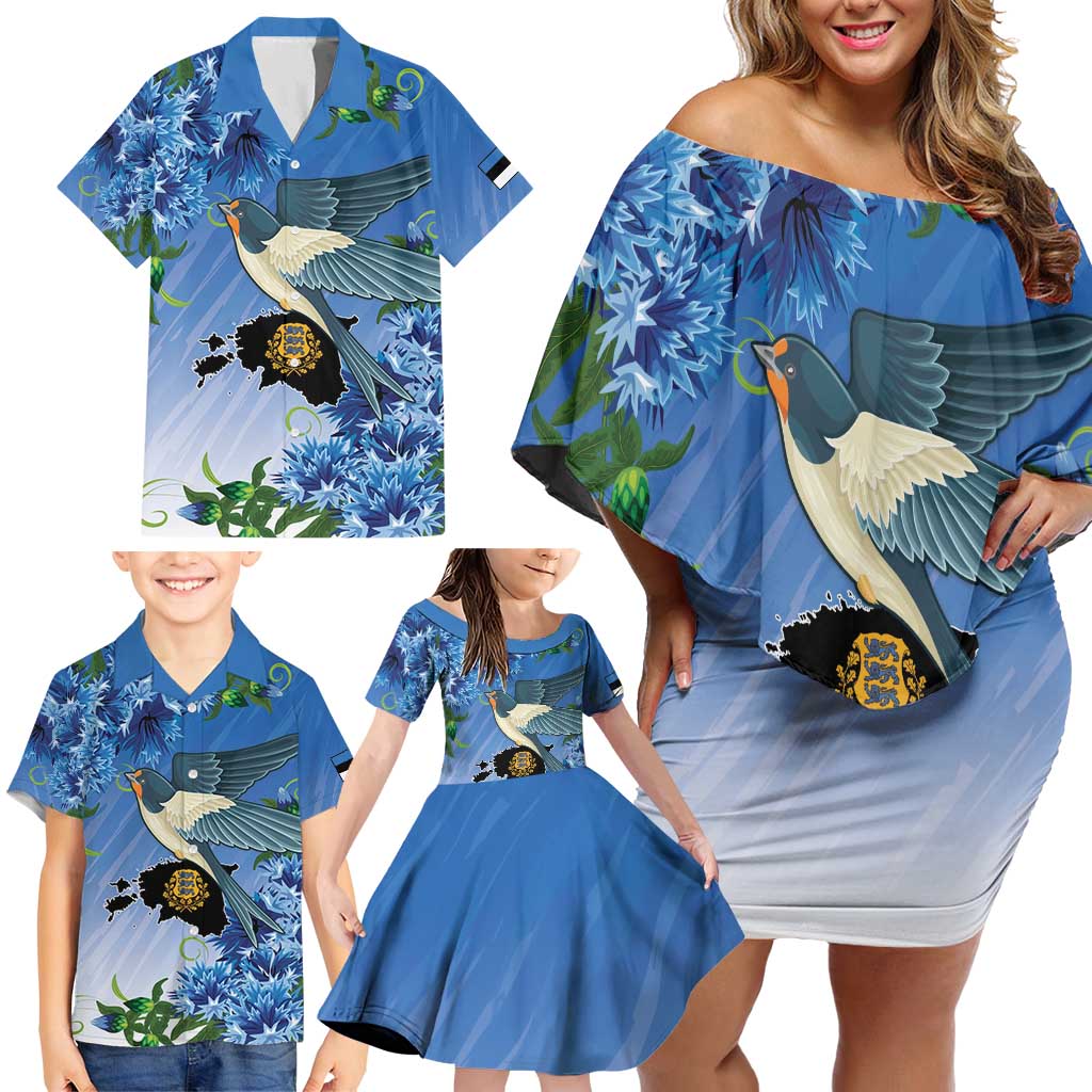 Personalized Estonia Family Matching Off Shoulder Short Dress and Hawaiian Shirt Barn Swallow Cornflower Flower