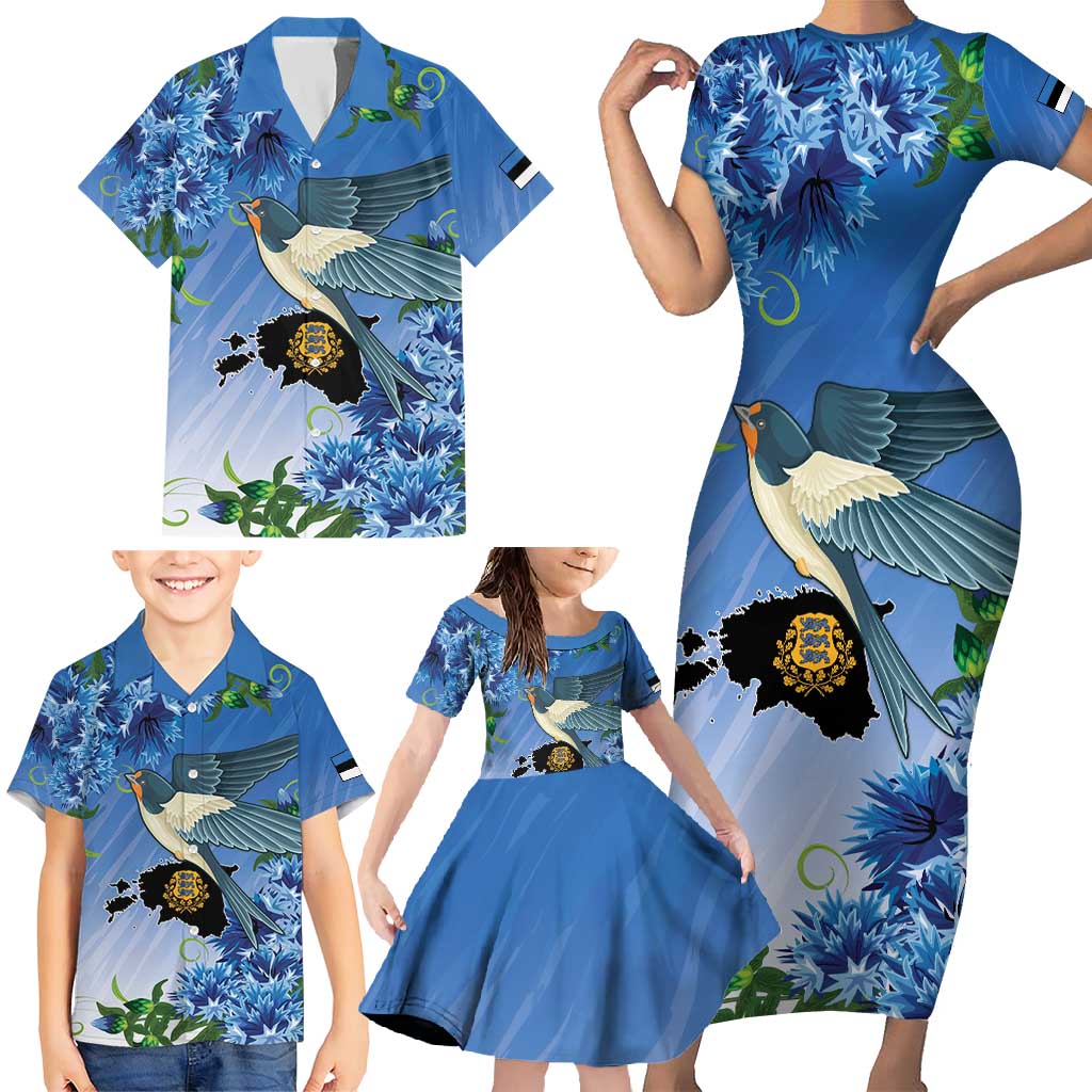 Personalized Estonia Family Matching Short Sleeve Bodycon Dress and Hawaiian Shirt Barn Swallow Cornflower Flower
