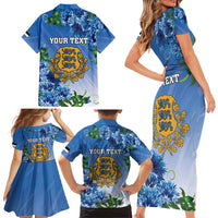 Personalized Estonia Family Matching Short Sleeve Bodycon Dress and Hawaiian Shirt Barn Swallow Cornflower Flower